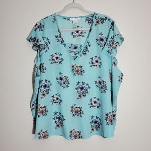 K. Jordan Floral Ruffle Sleeve Top Teal Size 4X